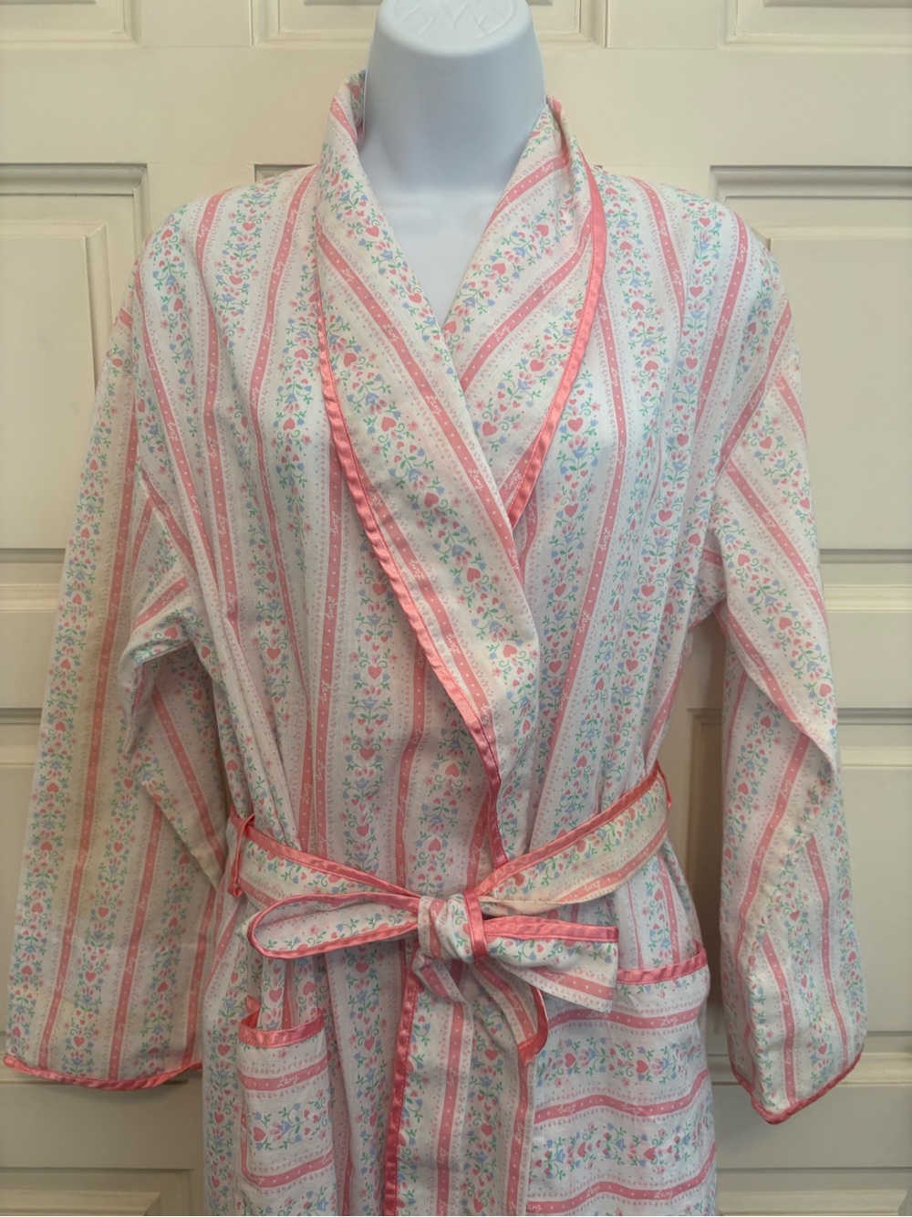 Lanz of Salzburg Pink Floral Stripe light Cotton Robe with Belt